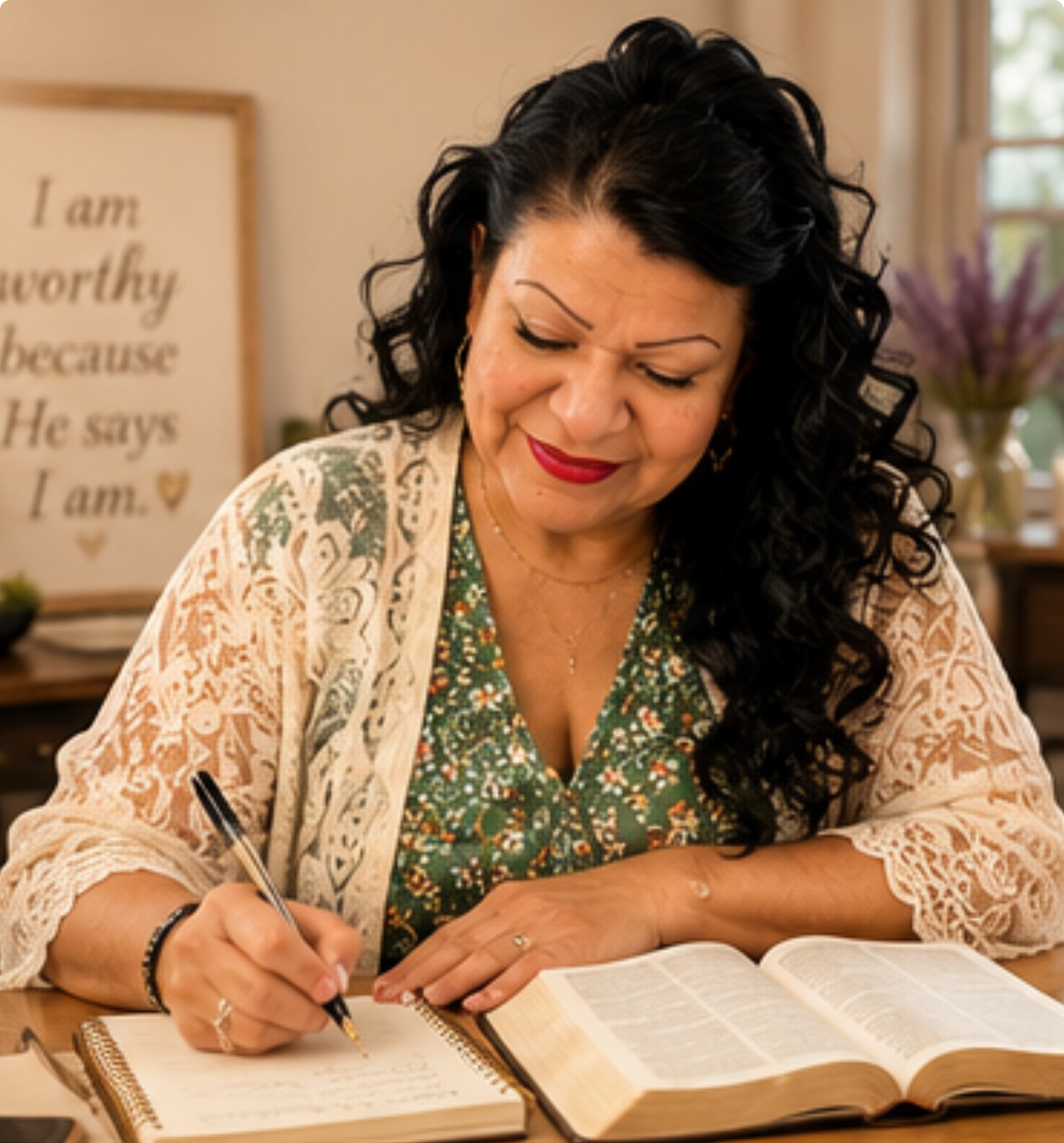 Laura writing and reflecting